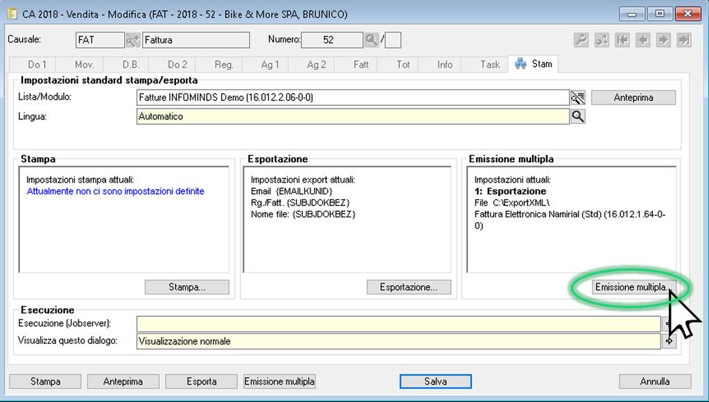 Prima dell esportazione la fattura può essere stampata/visualizzata una volta con "Stampa" o "Visualizza".