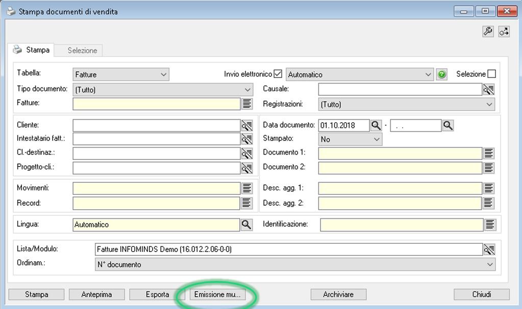 Esportazione di più fatture tramite Stampa documenti di vendita Come già visto in precedenza per l invio della singola