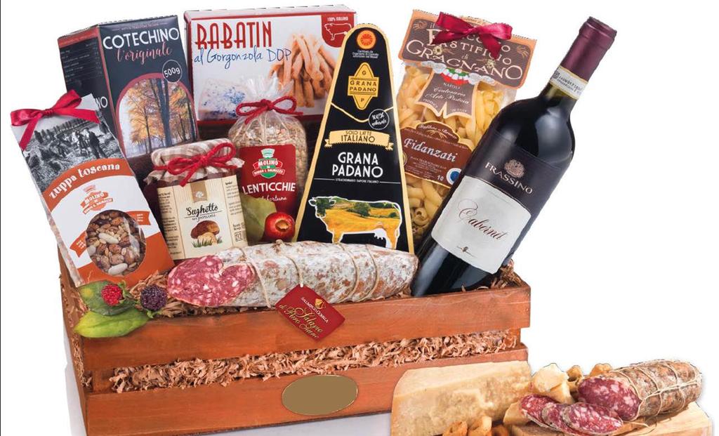 CASSETTA CONTADINA 1834 10 pezzi CASSETTA REGALO IN LEGNO Dimensioni imballo: cm 43 x 35 x h 19 Bottiglia Cabernet Cantine Frassino, ml 750 Scatola Cotechino cotto al vapore Salumificio Vecchi, g 500