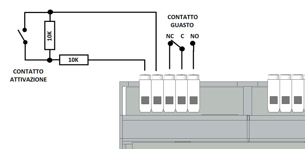 3 CONTATTO INGRESSO E SEGNALAZIONE GUASTI Il dispositivo dispone di un contatto in deviazione che commuta quando il dispositivo rileva un guasto sulla linea del contatto in ingresso, la mancanza di