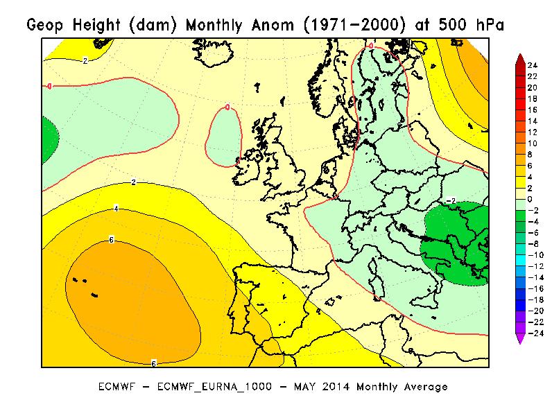 Considerazioni generali Sullo scenario meteorologico europeo e nordatlantico il mese di Maggio 2014 è stato caratterizzato da una forte anomalia barica positiva in prossimità delle isole Azzorre ed