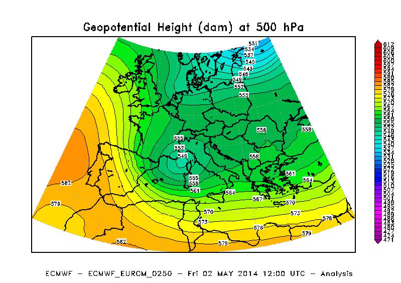 Figura 3 Altezza di geopotenziale a 500 hpa alle ore 12 UTC del 2 Maggio 2014. Elaborazione ARPA Piemonte su dati ECMWF.