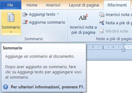 Creazione del Sommario Un sommario automatico contiene i riferimenti relativi ai titoli dei capitoli, dei paragrafi ed alle pagine in cui si trovano