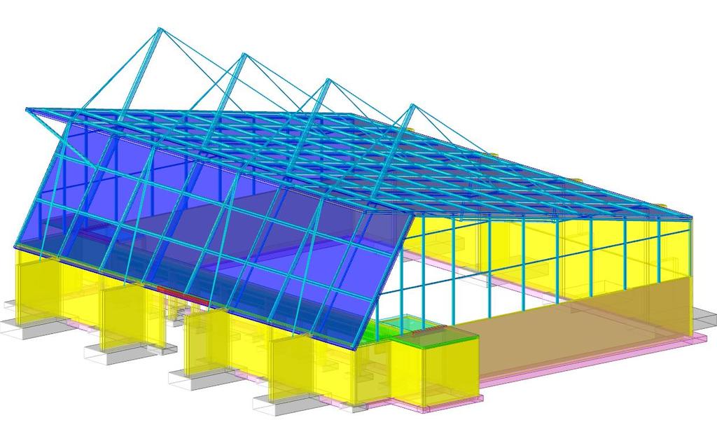 5. TIPOLOGIA STRUTTURALE E MODELLAZIONE La struttura oggetto di analisi risulta essere composta da porzioni in c.a. in opera (blocco spogliatoi e muri perimetrali palestra), da parti in c.a. prefabbricato (solaio di copertura spogliatoi) e da parti in acciaio (struttura d elevazione sino in copertura e copertura stessa).