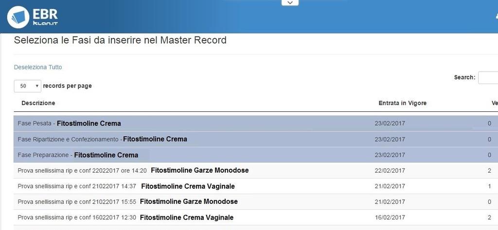 EBR: creazione Master Selezione delle FASI che