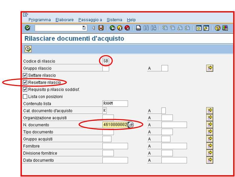 Impostare il flag ; Impostare nel campo codice rilascio la tipologia di autorizzazione che si vuole resettare; Indicare il codice del contratto che si vuole elaborare nel campo N. documento.