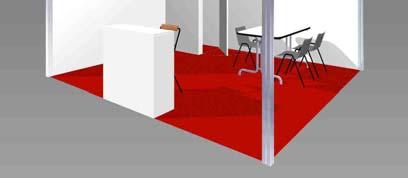 890,00 + IVA TURNKEY STAND A4 - SIZE: 4X4 Set up Varnished wood walls h 290 cm Red carpet 1 storage room 100x100 cm 1 rectangular table 160x80xh 72 cm 3 chairs 1 stool 1 reception desk 100x40xh 100