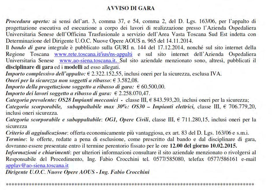 Dai Piani Investimento aziendali: AOU Senese Settore attività