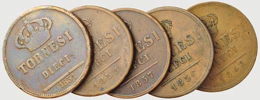1852, assieme a grano di Palermo - Lotto di 5 monete B BB+ 50 7344 NAPOLI - Lotto di 4 monete MB BB 20 7345 NAPOLI -