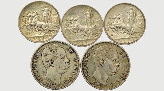 7447 Vittorio Emanuele II Re d Italia (1861-1878) 5 lire 1869-1870- 1871-1872-1873-1874-1875 M e 1876 R - Lotto di 8 monete med.