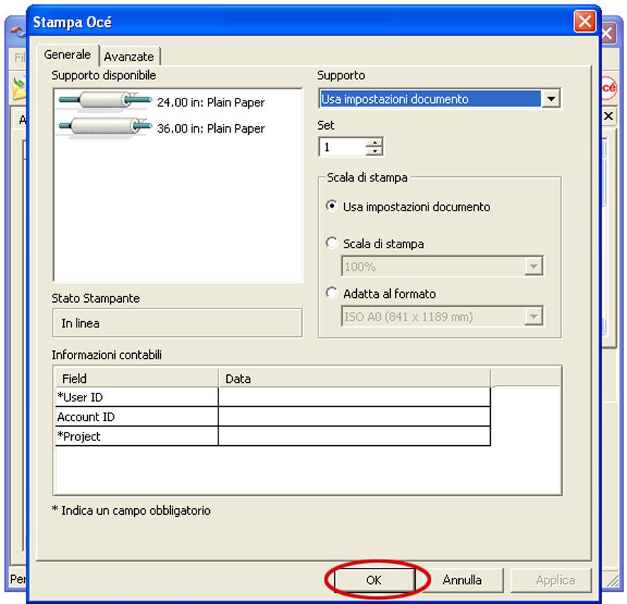 Invio alla stampante locale 3. Nella scheda Generali, selezionare opzioni quali Supporti e Scala di stampa, fornire informazioni contabili se necessario.