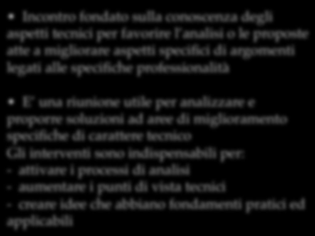 Teambuilding Tipologie di incontri Gruppo di lavoro tecnico Incontro fondato sulla conoscenza degli aspetti tecnici per favorire l analisi o le proposte atte a migliorare aspetti specifici di