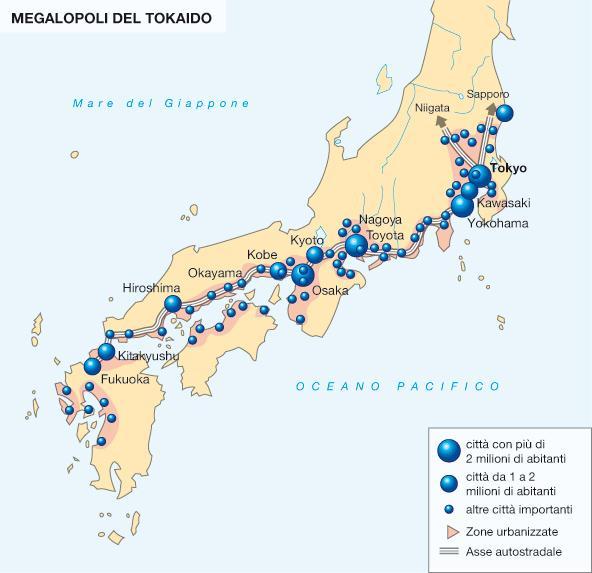 La conurbazione giapponese è quella del Tokaido, che si sviluppa per 300 km lungo le pianure costiere orientali dell isola di Honshu: Tokaido significa strada del
