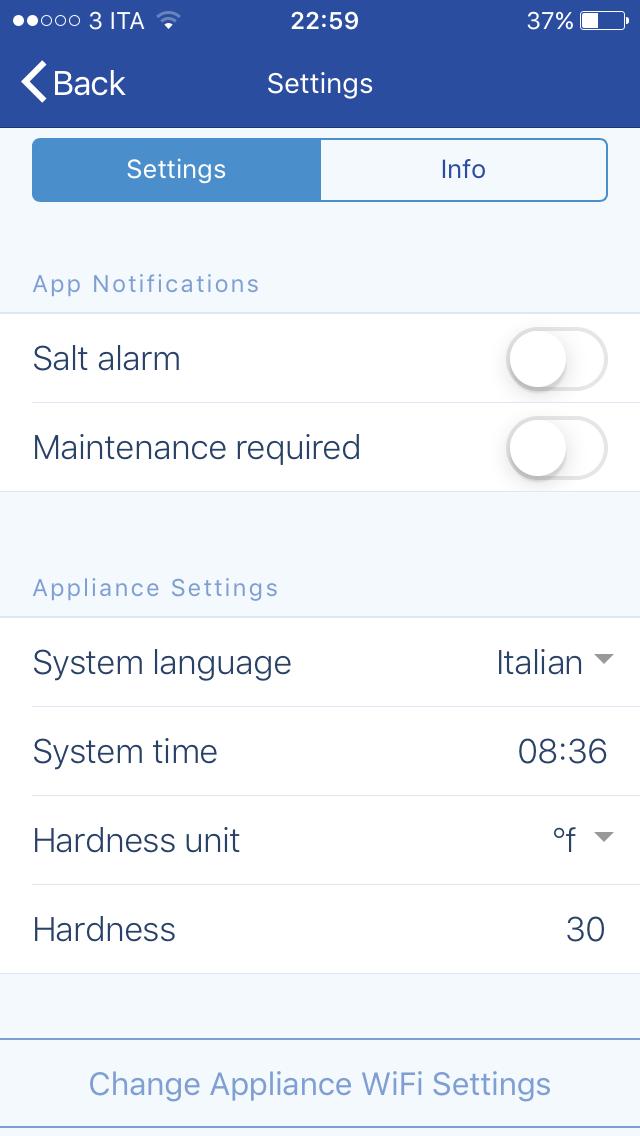 Schermata impostazioni - SETTINGS Dalla schermata Settings vedrai le principali impostazioni scelte per l addolcitore e da qui potrai attivare 1.