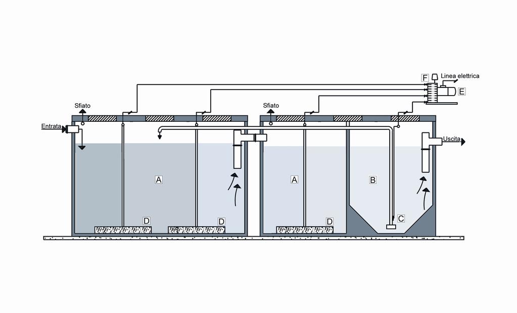 D i s e g n o T e c n i c o LEGENDA A. Comparto Ossidazione B. Comparto Decantazione C. Riciclo fanghi (AIR-LIFT) E f f i c i e n z a d i d e p u r a z i o n e D. Diffusore aria E. Pompa soffiante F.