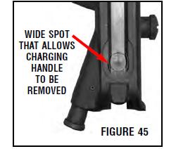 Rimuovete la manetta di armamento arretrandola fino alla tacca di smontaggio e muovendola verso il basso, fuori dalla carcassa (fig. 45).