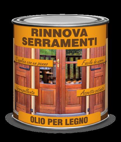 RINNOVA SERRAMENTI olio per legno - ASPETTO SATINATO/CERATO RINNOVA SERRAMENTI Rinnova Serramenti è una particolare miscela di oli, resine e cere selezionate indicata per rinnovare, ravvivare e