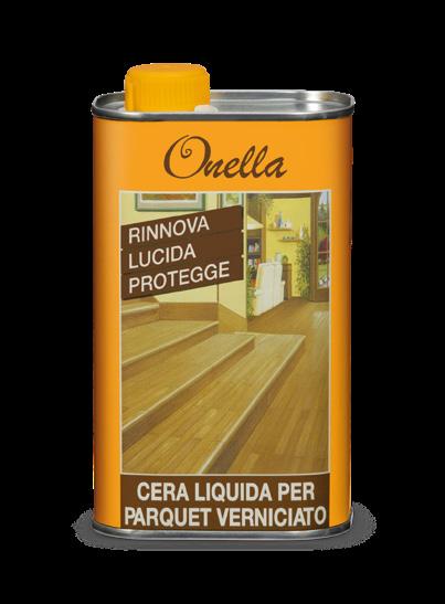 ONELLA ONELLA cera liquida per parquet verniciato Onella è una miscela di cere e resine in emulsione acquosa indicata per il trattamento di manutenzione periodica del parquet verniciato; ravviva il