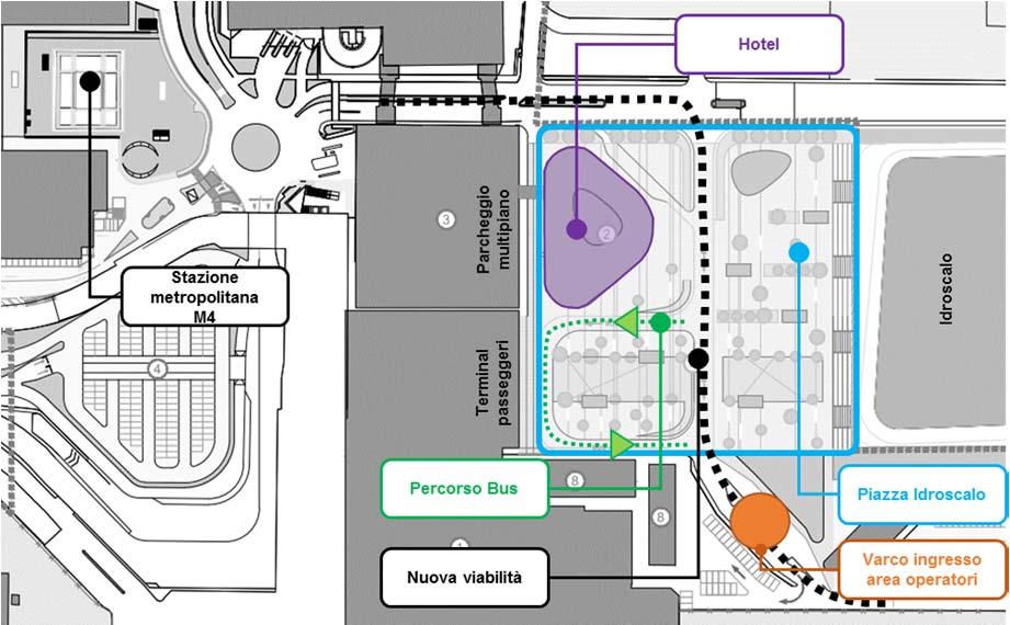 Figura 2-10 Strutture landside est: hotel e piazza idroscalo, configurazione prevista dal Masterplan La nuova configurazione dell area antistante il terminal passeggeri e l idroscalo prevista dal
