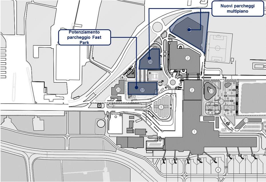 Figura 2-17 Sistema parcheggi: parcheggi area nord L attuale parcheggio Fast Park è oggetto di intervento di potenziamento attraverso la realizzazione di un ulteriore piano sopraelevato.