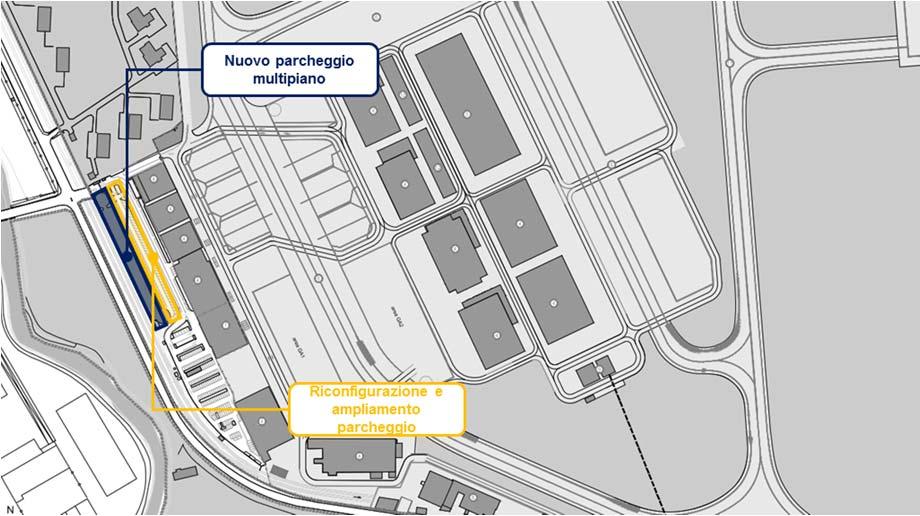 Figura 2-18 Sistema parcheggi: parcheggi area ovest Nello specifico si prevede la realizzazione di un parcheggio multipiano su 4 livelli (3 sopraelevati) e la riconfigurazione dell area di sosta a