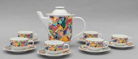 4368 ALIGHIERO BOETTI Un servizio da caffè per ALESSI TENDENTSE, circa 1992. Composto da caffettiera e 6 tazzine e 6 piattini. Porcellana decorata.