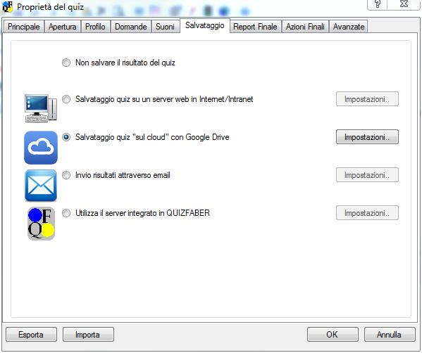 Per creare un quiz che, al termine della prova, conservi i risultati su cloud, è necessario specificare nelle proprietà del quiz (scheda