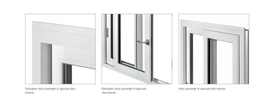 Sistema scorrevole leggero a 2 guarnizioni e profili di tenuta. Profili in PVC estruso classe A, con mescole classe S (climi severi). Trasmittanza termica del nodo = 1,9 W/mqK. Telaio sezione mm.