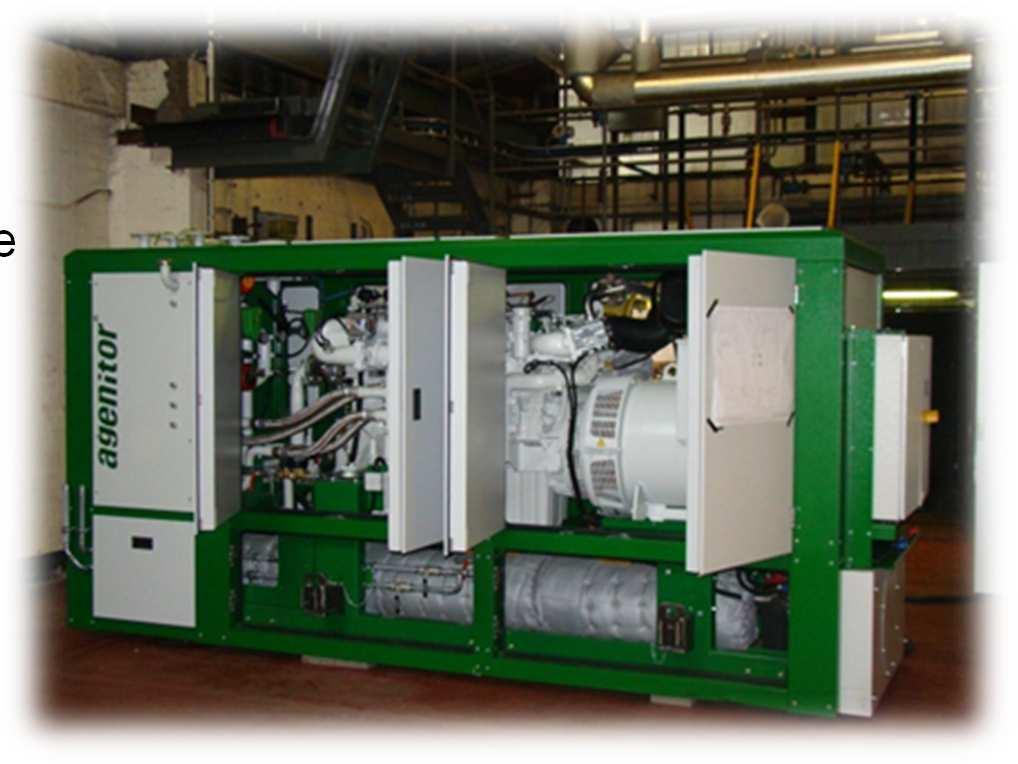 Il biogas viene utilizzato come combustibile per un impianto di cogenerazione tipo AGENITOR 306 per la produzione di elettricità e calore decentralizzata.