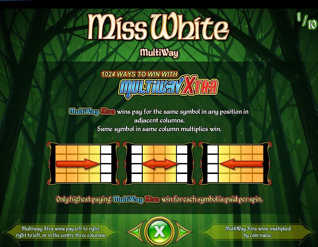 Regolamento Miss White Miss White offre 1024 modi per vincere con soli 45 gettoni. Puntata sulla linea Mostra la puntata corrente per linea visualizzata in valuta.