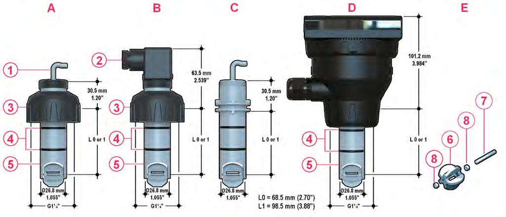 DIMENSIONI A Sensore remoto IP68 F3.00 B Sensore remoto IP65 F3.00 C Sensore compatto F3.01 D Sensore compatto F3.