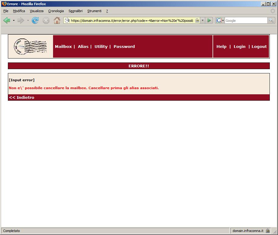 Pag. 10 di 23 Figura 8: Errore durante la cancellazione di una casella. 1.6. GESTIONE DEGLI ALIAS Cliccando sul bottone Alias appare la pagina mostrata in Figura 9.