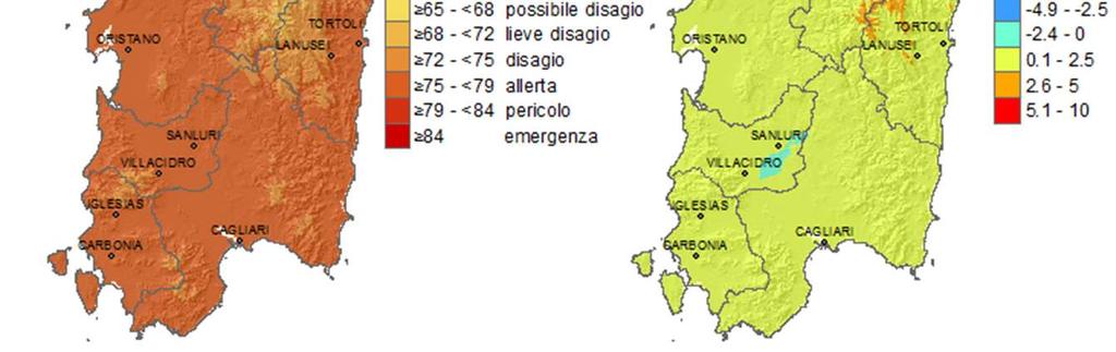 Il THI medio è risultato compreso tra la categoria di Nessun Disagio, che ha riguardato in particolare le aree di alta montagna, e quella di Disagio che ha interessato i territori del Campidano.