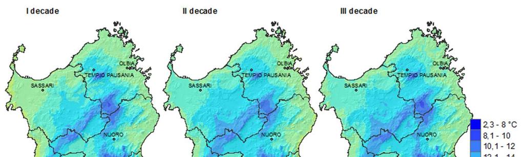 CONSIDERAZIONI CLIMATICHE Temperature Le medie mensili delle temperature minime spaziavano dai 5 C della sommità del Gennargentu ai 20 C delle zone costiere meridionali.