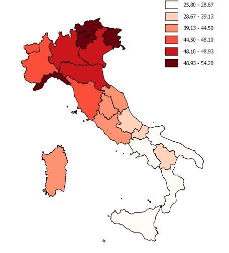 49,1 Lombardia 48,6 Veneto 48,4 Emilia-Romagna 48,3 Valle d'aosta/vallée d'aoste 48,0 Toscana 46,4 Piemonte 46,2 Lazio 44,5 Sardegna 44,5 Marche 41,8 Umbria 41,1 Abruzzo 35,2 Molise 33,3 Basilicata