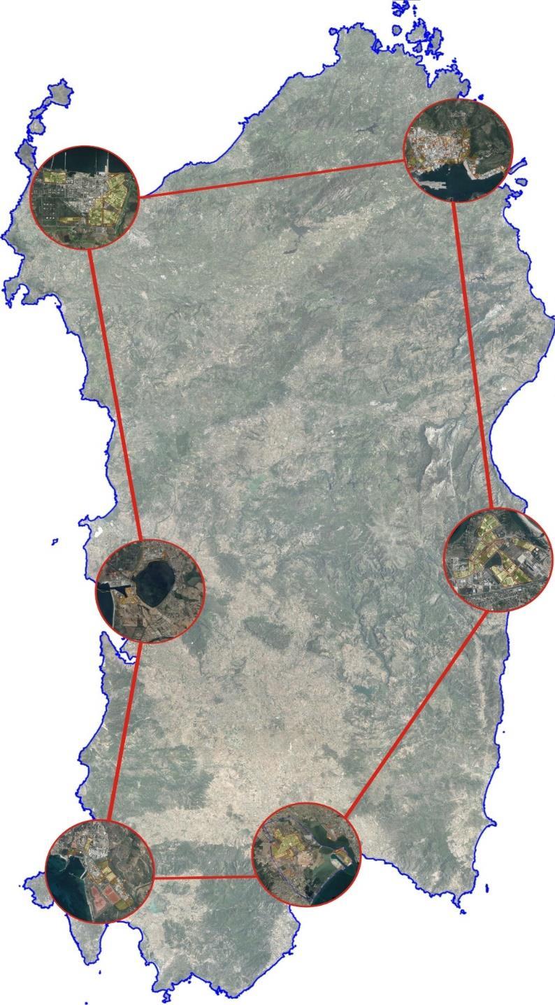 Schema a rete della ZES della Aree del Consorzio Industriale Provinciale Nord Est -Gallura (CIPNES) Aree del Consorzio Industriale Provinciale di Sassari (CIPSS) Aree del Consorzio Industriale