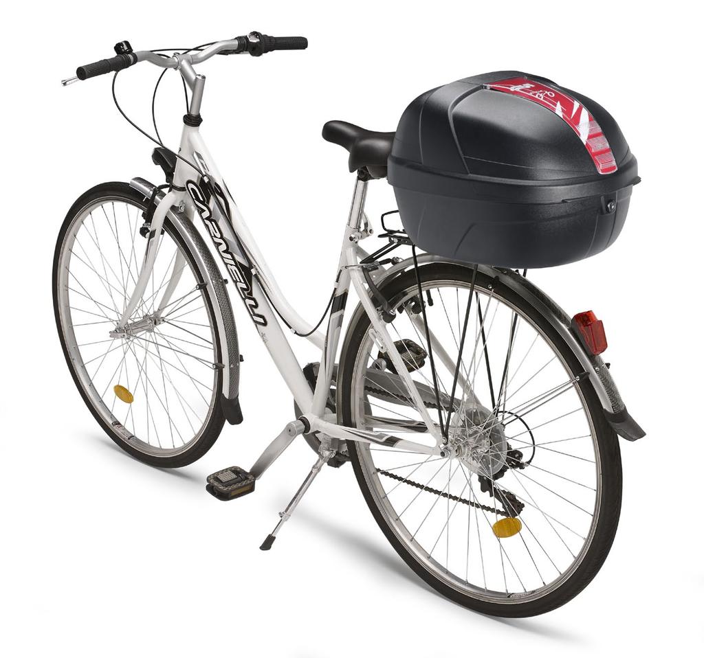 , complete with red reflector, equipped with universal fitting kit for mounting it on the carrier of the bicycles. It can hold a bicycle helmet in an adult size. Key opening lateral.