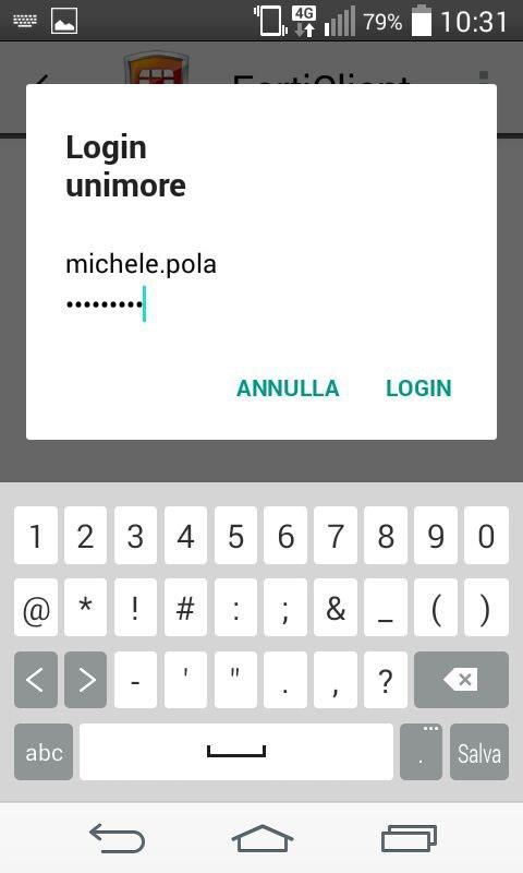 App FortiClient: collegarsi 112233 La username deve essere indicata come per il normale accesso ai servizi Unimore: senza dominio @unimore.