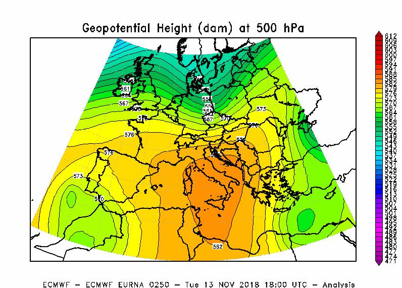 Martedì 13 novembre 2018; il giorno più caldo del mese Il giorno mediamente più caldo del mese è risultato il 13 novembre quando un area anticiclonica di matrice africana si è strutturata tra l