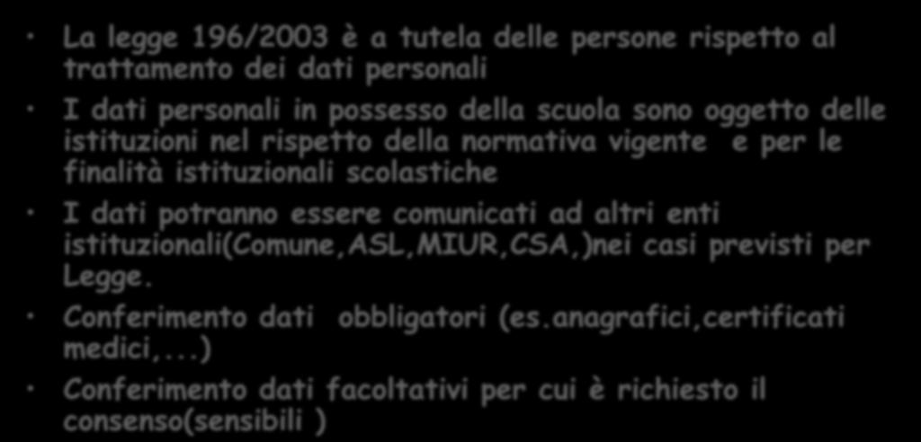 oggetto delle istituzioni nel rispetto della normativa vigente e per le finalità istituzionali scolastiche I dati potranno essere comunicati ad