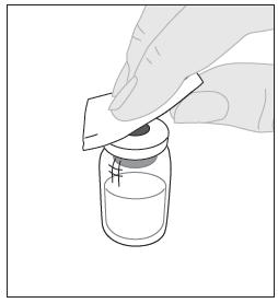 4. Pulire la parte superiore del flaconcino con uno dei tamponi imbevuti d alcol (F) allegati alla confezione e lasciarla asciugare all aria.