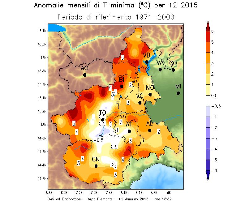 Figura 4 Anomalia della temperatura media (in alto a sinistra), minima (in alto a destra) e massima (in basso a sinistra) a 2 metri nel mese di Dicembre 2015 in Piemonte rispetto alla climatologia
