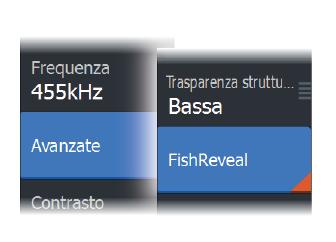 FishReveal Quando l'opzione della vista è impostata su Giù, selezionare FishReveal nel menu avanzato per visualizzare gli archi dei pesci nell'immagine DownScan.