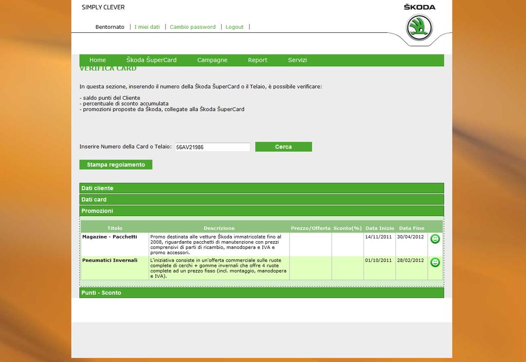 Verifica Card: Promozioni: in questa sezione si possono verificare le promozioni, programmate dalla Divisione Škoda Service, collegate alla Card.
