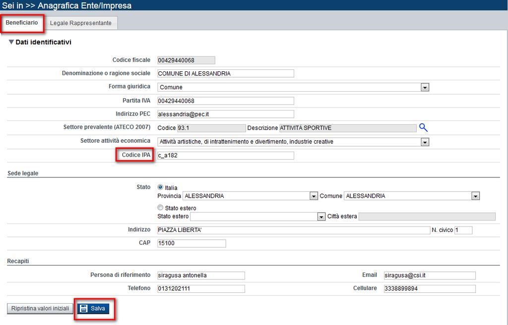 Pagina «Beneficiario» Compilare tutti i