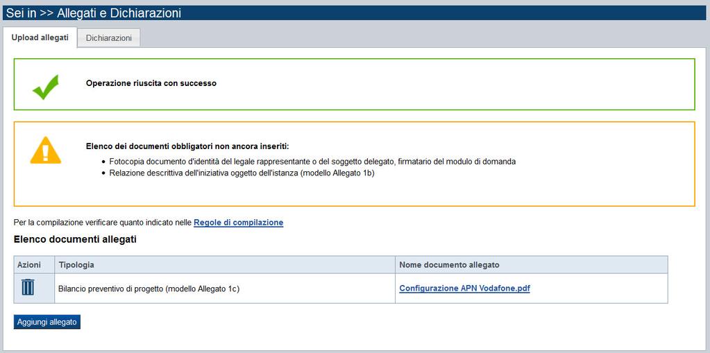 Pagina «Upload allegati» Il file è stato