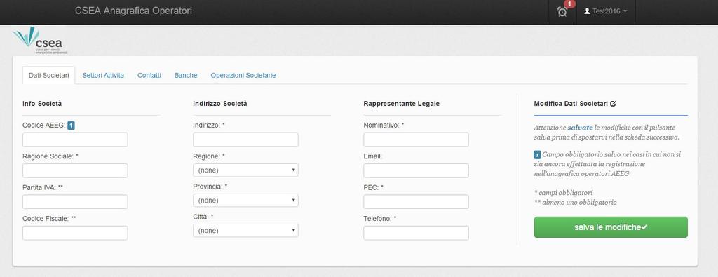4. Inserimento Dati societari Effettuando il LOGIN dalla Home Page dell Anagrafica Operatori CSEA, l Utente avrà accesso alla seguente maschera di sistema: Figura 10 L Utente, dopo aver
