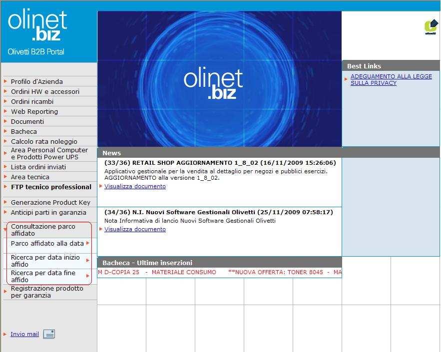 CONSULTAZIONE PARCO AFFIDATO È un implementazione recente ( maggio 2009 ) che riflette quanto esistente su SAP relativamente al PARCO OLIVETTI A NOLEGGIO ( macchine di proprietà di Olivetti per le