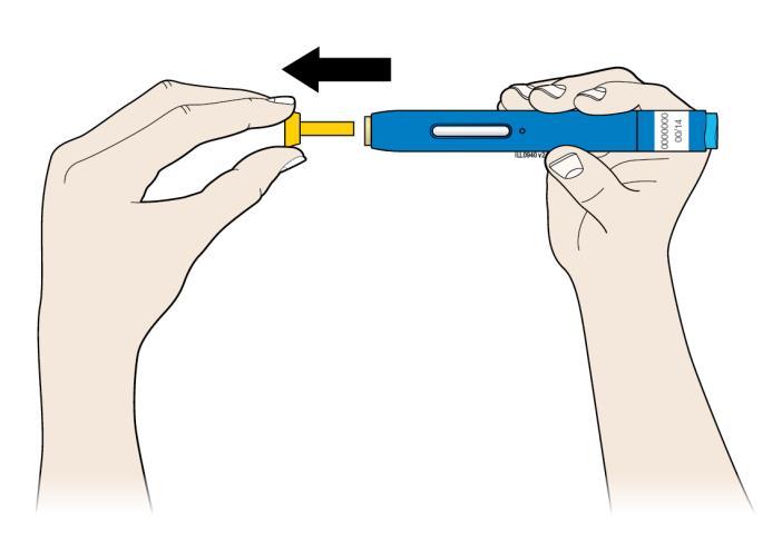 Passaggio 2: Preparazione per l iniezione E. Non appena si è pronti ad eseguire l iniezione, togliere il cappuccio giallo tirandolo in modo deciso.