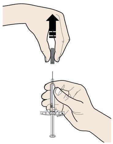 Passaggio 2: Preparazione per l iniezione E. Quando si è pronti per praticare l iniezione, estrarre in modo deciso il cappuccio dell ago tenendolo lontano dal corpo.